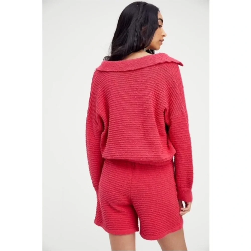 Free People Beach Carter Collared V Neck Polo Sweater Textured Fuchsia - Picture 7 of 7